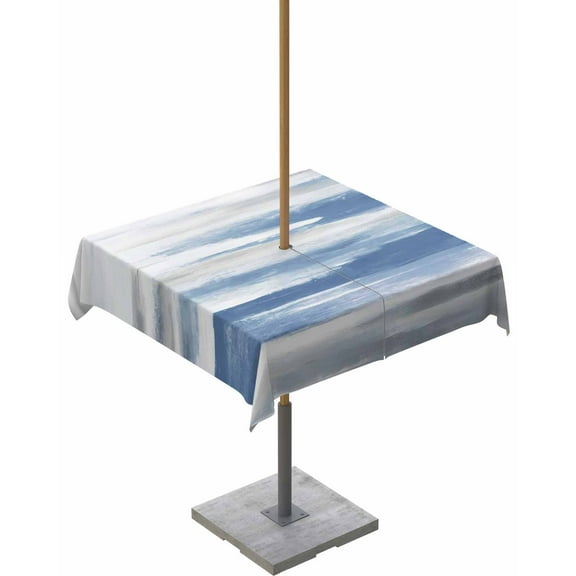 Lsrtoss Outdoor Tablecloth with Umbrella Hole & Zipper, Blue Grey Square Tablecloth 60x60 Inch, Modern Oil Painted Striped Abstract Art Patio Table Cover Waterproof Table Cloth for Picnic/Party
