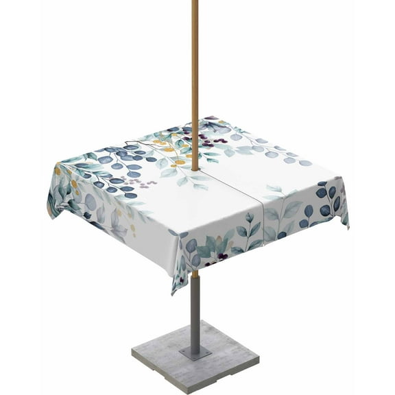 Lsrtoss Outdoor Tablecloth with Umbrella Hole & Zipper, Blue Teal Eucalyptus Leaves Square Tablecloth 60x60 Inch, Botanical Spring Summer Patio Table Cover Waterproof Table Cloth for Picnic/Party