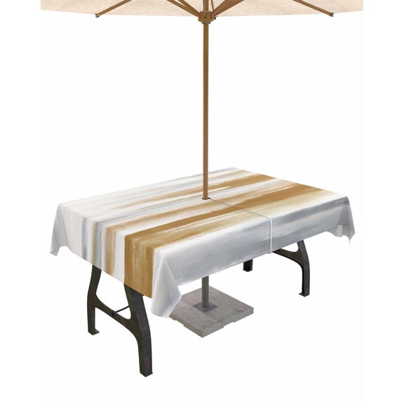Lsrtoss Outdoor Tablecloth with Umbrella Hole & Zipper, Brown Grey Rectangle Tablecloth 54x80 Inch, Modern Oil Painted Striped Abstract Art Patio Table Cover Waterproof Table Cloth for Picnic/Party