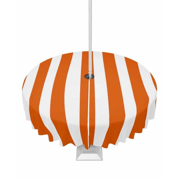 Lsrtoss Outdoor Tablecloth with Umbrella Hole & Zipper, Burnt Orange Striped Round Tablecloth 54 Inch, Thanksgiving Orange White Stripes Patio Table Cover Waterproof Table Cloth for Picnic/Party