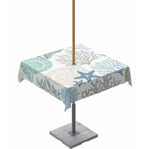 Lsrtoss Outdoor Tablecloth with Umbrella Hole & Zipper, Coastal Square Tablecloth 54x54 Inch, Summer Beach Nautical Coral Starfish Patio Table Cover Waterproof Table Cloth for Picnic/Party