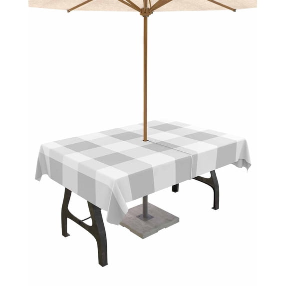 Lsrtoss Outdoor Tablecloth with Umbrella Hole & Zipper, Grey Plaid Rectangle Tablecloth 52x70 Inch, Spring Summer Farmhouse Buffalo Checkered Patio Table Cover Waterproof Table Cloth for Picnic/Party