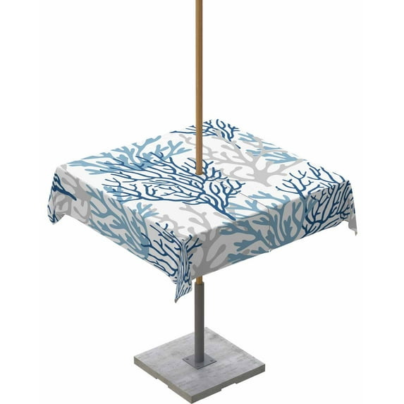 Lsrtoss Outdoor Tablecloth with Umbrella Hole & Zipper, Navy Blue Coral Coastal Square Tablecloth 54x54 Inch, Summer Beach Seaside Nautical Patio Table Cover Waterproof Table Cloth for Picnic/Party