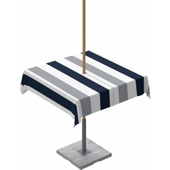 Lsrtoss Outdoor Tablecloth with Umbrella Hole & Zipper, Navy Blue Gray Striped Square Tablecloth 54x54 Inch, Farmhouse Stripe Art Patio Table Cover Waterproof Table Cloth for Picnic/Party