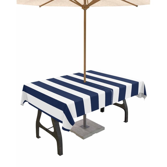 Lsrtoss Outdoor Tablecloth with Umbrella Hole & Zipper, Navy Blue Striped Rectangle Tablecloth 60x120 Inch, Modern Farmhouse Blue White Stripes Patio Table Cover Waterproof Table Cloth for Picnic