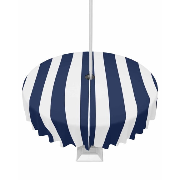 Lsrtoss Outdoor Tablecloth with Umbrella Hole & Zipper, Navy Blue Striped Round Tablecloth 60 Inch, Modern Farmhouse Blue White Stripes Patio Table Cover Waterproof Table Cloth for Picnic/Party