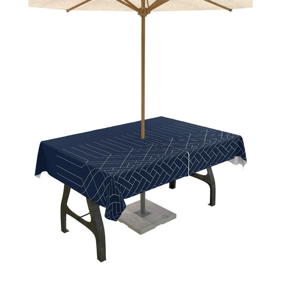 Lsrtoss Outdoor Tablecloth with Umbrella Hole & Zipper, Navy Blue White Geometric Rectangle Tablecloth 52x70 Inch, Modern Herringbone Abstract Art Patio Table Cover Waterproof Table Cloth for Picnic