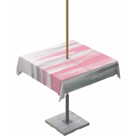 Lsrtoss Outdoor Tablecloth with Umbrella Hole & Zipper, Pink Grey Square Tablecloth 54x54 Inch, Modern Oil Painted Striped Abstract Art Patio Table Cover Waterproof Table Cloth for Picnic/Party