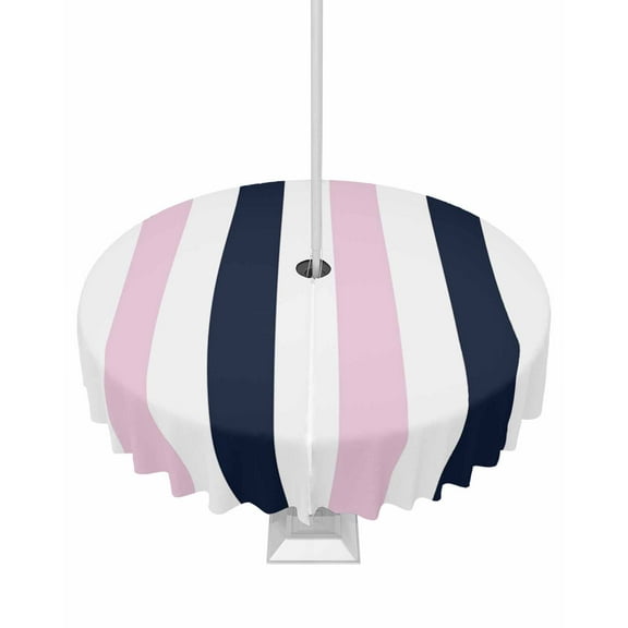 Lsrtoss Outdoor Tablecloth with Umbrella Hole & Zipper, Pink Navy Blue Striped Round Tablecloth 54 Inch, Farmhouse Stripe Art Patio Table Cover Waterproof Table Cloth for Picnic/Party