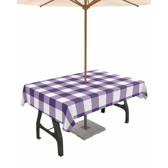 Lsrtoss Outdoor Tablecloth with Umbrella Hole & Zipper, Purple Checkered Rectangle Tablecloth 60x120 Inch, Farmhouse Buffalo Plaid Patio Table Cover Waterproof Table Cloth for Picnic/Party