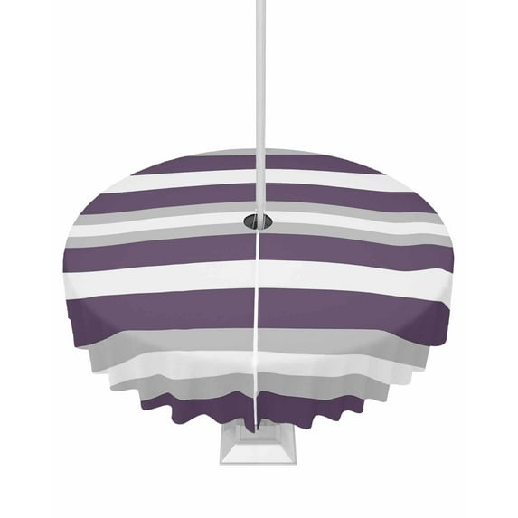 Lsrtoss Outdoor Tablecloth with Umbrella Hole & Zipper, Purple Grey Stripe Round Tablecloth 54 Inch, Minimalist Farmhouse Striped Patio Table Cover Waterproof Table Cloth for Picnic/Party