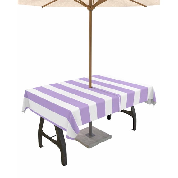 Lsrtoss Outdoor Tablecloth with Umbrella Hole & Zipper, Purple Striped Rectangle Tablecloth 52x70 Inch, Modern Farmhouse Purple White Stripes Patio Table Cover Waterproof Table Cloth for Picnic/Party