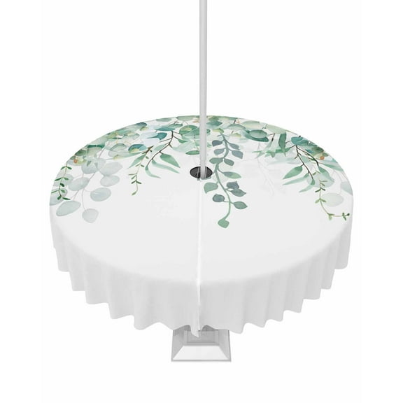 Lsrtoss Outdoor Tablecloth with Umbrella Hole & Zipper, Teal Eucalyptus Leaves Round Tablecloth 54 Inch, Spring Floral Summer Botanical Patio Table Cover Waterproof Table Cloth for Picnic/Party