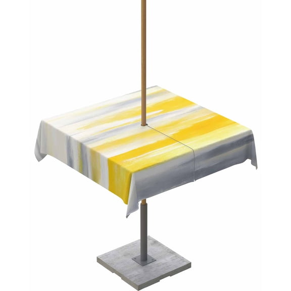 Lsrtoss Outdoor Tablecloth with Umbrella Hole & Zipper, Yellow Grey Square Tablecloth 54x54 Inch, Modern Oil Painted Striped Abstract Art Patio Table Cover Waterproof Table Cloth for Picnic/Party