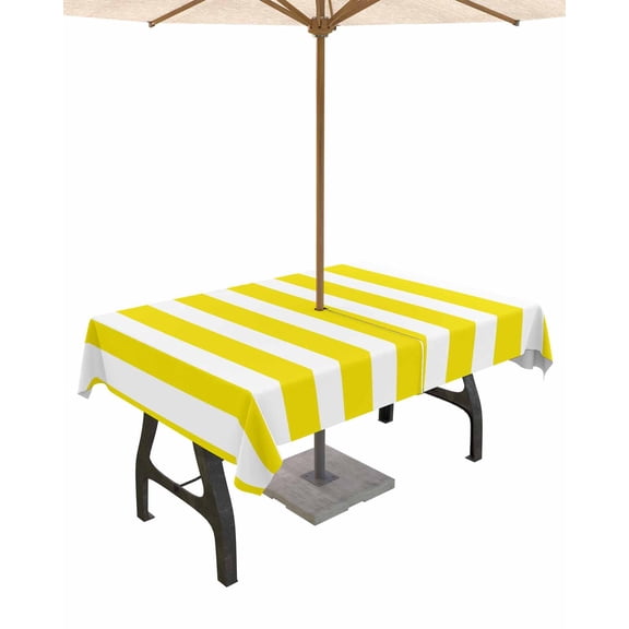 Lsrtoss Outdoor Tablecloth with Umbrella Hole & Zipper, Yellow Striped Rectangle Tablecloth 54x80 Inch, Modern Farmhouse Yellow White Stripes Patio Table Cover Waterproof Table Cloth for Picnic/Party