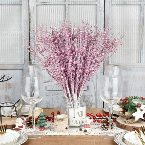 Lssam 12Pcs Long Glitter Berry Stems for Christmas Tree - Versatile Glittery Picks and Stems as Tree Fillers, Ideal for Holiday Mantel, Wreath, and Tabletop Decor