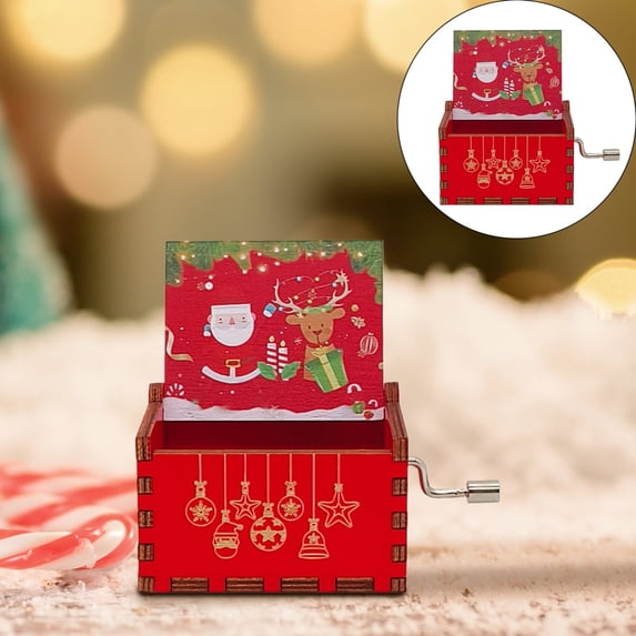 Lssam Antique Engraved Wooden Music Box Hand Crank Mechanical Christmas Tabletop Decor Santa Claus Gnomes Xmas Musical Gift Box