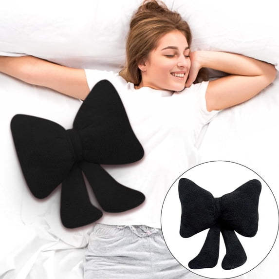 Lssam Bow Pillow, Black Faux Rabbit Fur Decorative Throw Pillow, Soft Fluffy Small Bow Shape Accent Pillow for Bed Sofa Couch Home Decor, 10 Inch