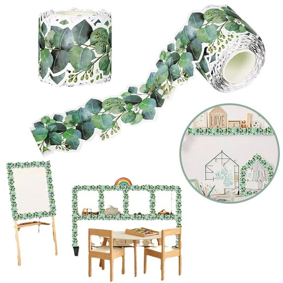 Lssam Bulletin Board Border Trim 49ft Eucalyptus Die-Cut Classroom Border Green Decorative Trim for Office Home Wall Display Bulletin Board Decor