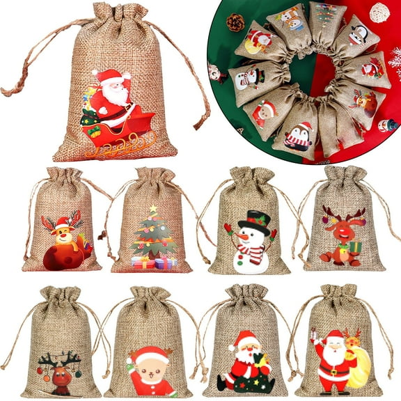 Lssam Christmas Burlap Gift Bags Drawstring, 5x7 Inch Reusable Stocking Stuffers Pouch, Small Jute Candy Sacks for Holiday Party Favors, Treats & Gifts Wrapping