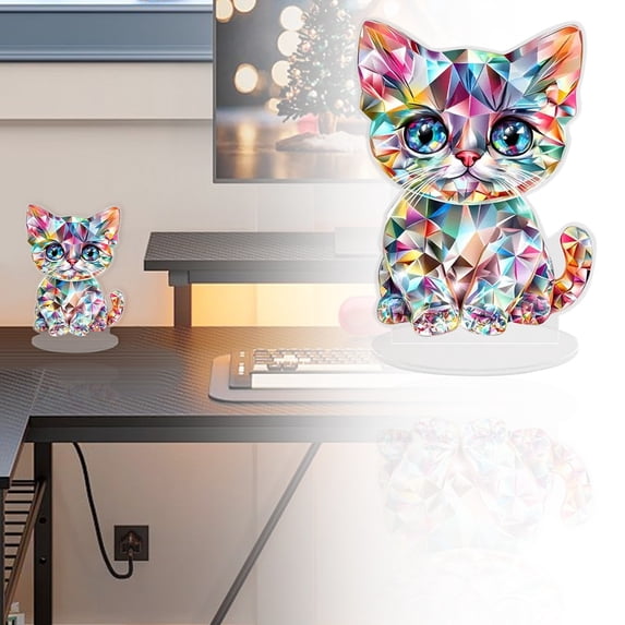 Lssam DIY Cat Desk Decor Kit, Realistic Mini Cat Figurine Gem Painting, Acrylic Art Craft Ornament for Office & Home, Adult Desktop Accessory