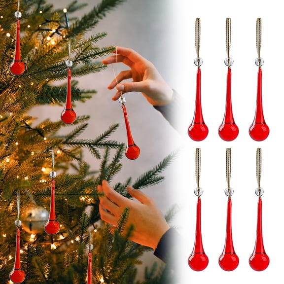 Lssam Elegant Teardrop Ornaments - Set of 6 Red Glass Crystal Icicles for Hanging on Christmas Tree as Reflective and Shimmering Decor Pieces