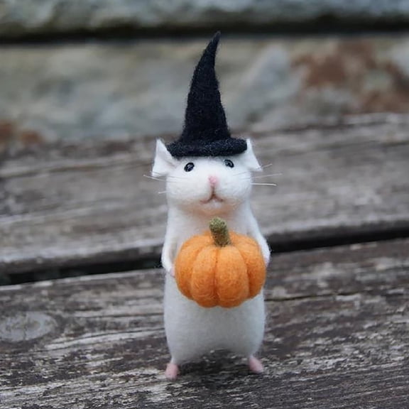 Lssam Felt Mouse Ornament with Pumpkin - Handcrafted Halloween Decor, Cute Critter Figurine with Long Whiskers and Happy Face for Home, Desk, or Holiday Collection