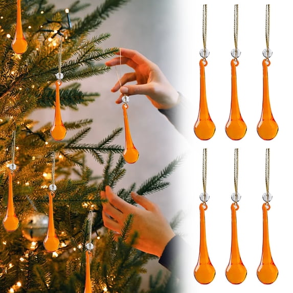 Lssam Glass Christmas Tree Ornaments - Set of 6 Crystal Orange Teardrop Icicle Pendants for Dazzling Holiday Decor and Winter Party Ambiance