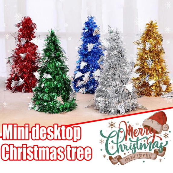 Lssam Glittering Red Tinsel Mini Christmas Tree 10 Inch Artificial Small Xmas Decor with Sequins Detail for Holiday Table Setting Desk or Mantel Display