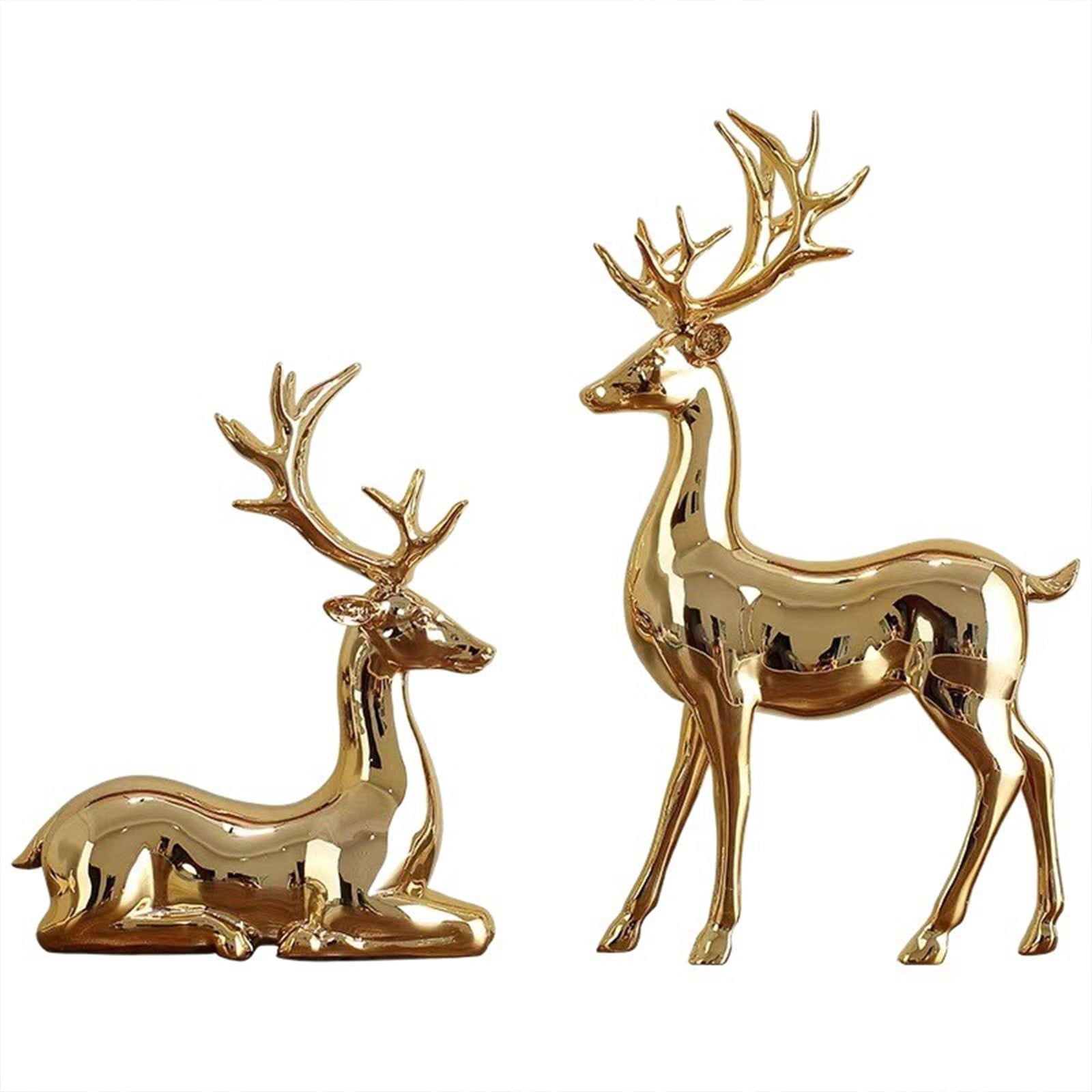 Lssam Golden Deer 2Pcs Elk Statue Reindeer Sculpture Brass Christmas ...
