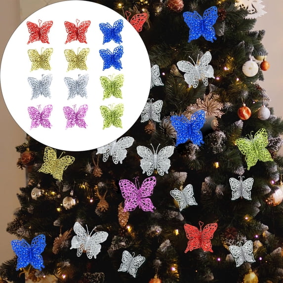 Lssam Holiday Decorative Butterflies 12 Pieces, Multicolor Glitter Clip-On Hollow Ornaments for Christmas Tree Xmas Wreath Party and Wedding Centerpiece Decor