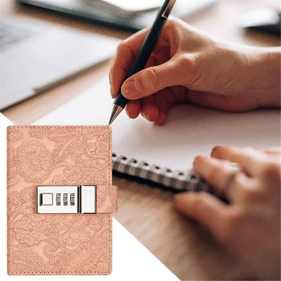 Lssam Leather Journal with Lock for Women, Refillable Vintage Locking Diary with Combination Code, Personal Writing Notebook, Floral Sunflower Pink Cover, 5.5 x 3.9 In