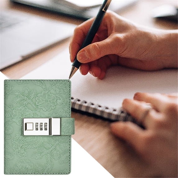 Lssam Locking Diary for Women, Refillable Leather Journal with Combination Password Lock, Vintage Floral Design Writing Notebook, Green, 5.5 x 3.9 Inches