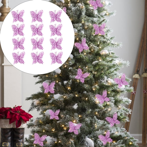 Lssam Purple Glitter Butterfly Clip Ornaments 12-Pack, Hollow Artificial Christmas Decor for Tree Wedding Wreath Holiday Party and Seasonal Decoration