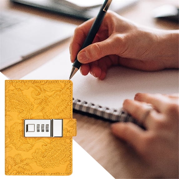 Lssam Refillable Locking Journal for Women, Vintage Leather Diary with Combination Password Lock and Floral Cover, Writing Notebook, Yellow, 5.5 x 3.9 In