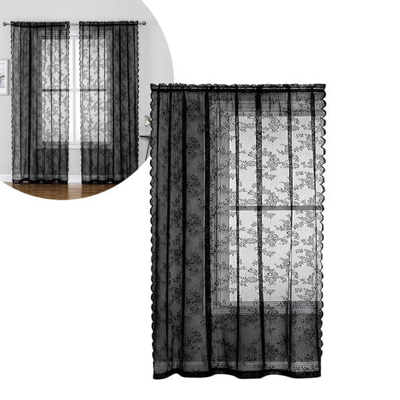 Lssam Sheer Lace Curtains with Vintage Floral Pattern and Ruffled Trim for Bohemian Bedroom Window Treatment Panel Set Pair W55 x L84 Inches