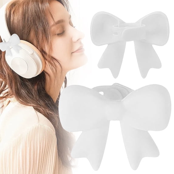 Lssam Silicone Bow Headphone Accessory Decor for Women, 1 Pair White 3D Coquettish Cute Clip On Earphone Bows Headphone Decoration Attachment