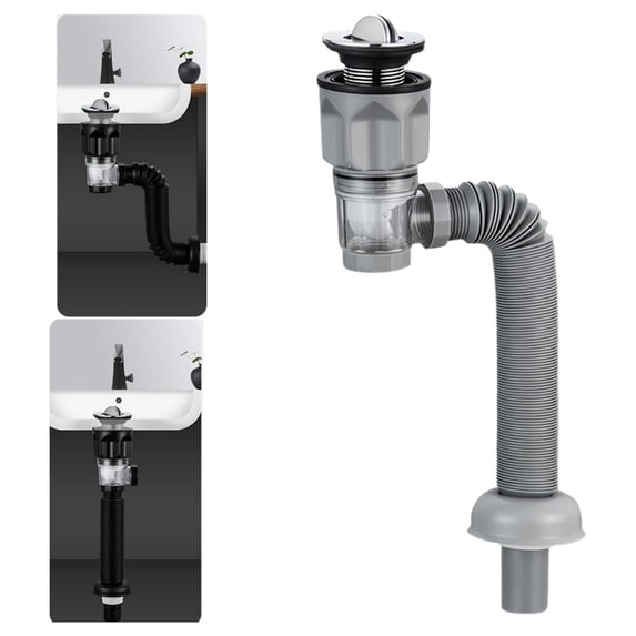 Lssam Sink Drain Pipe Kit, Flexible Expandable P-Trap with Pop Up Stopper and Hair Catcher, 2 Universal Adapters Fit 1-1/4", 1-1/2", 2" Bathroom Sink Drain Hole, Drain Replacement Assembly