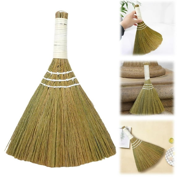 Lssam Small Whisk Broom - Traditional Handmade Heavy Duty Cleaning Brush with Natural Bamboo Handle and Angled Straw Bristles for Indoor Desktop and Car Surfaces, Pack of 3