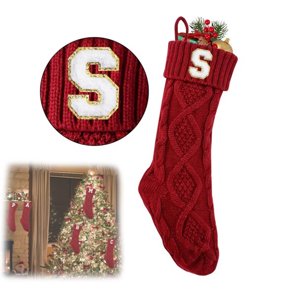 Lssam Stockings Initials, Christmas Stockings - 18" Large Letter S Monogrammed Stockings, Knitted Xmas Stocking for Party Family Decor