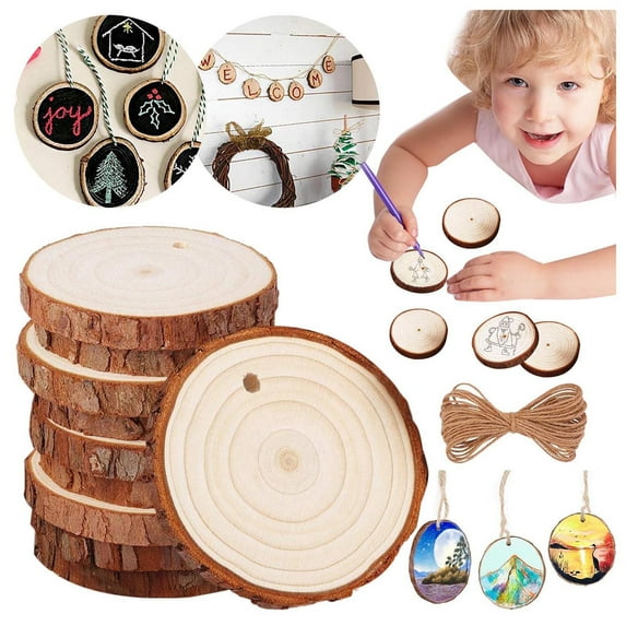 Lssam Unfinished Natural Wood Circles for Crafting, Predrilled Wood Slices for Christmas Ornaments, 1.2-1.6 Inch Wooden Rounds for DIY Arts, 10 Pieces Kit