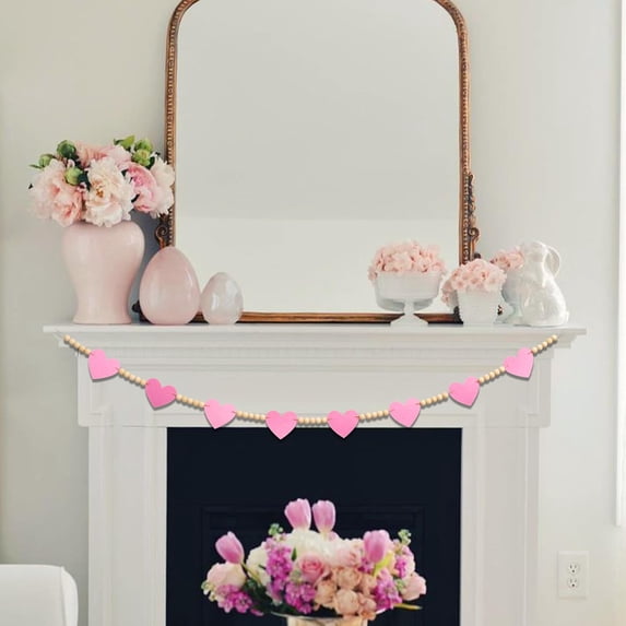 Lssam Valentine's Day Garland Farmhouse Style with Felt Heart and Wood Bead Banner for Mantel Decor in Neutral Holiday Party Colors (Heart Pink)