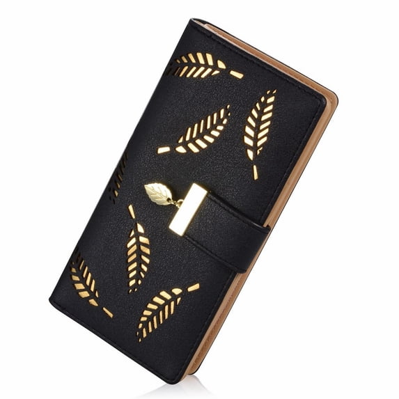 Lssam Women's Bifold Leather Wallet with Hollow Leaf Pattern Design Secure Zipper Closure Long Credit Card Holder Organizer Purse for Ladies and Teens