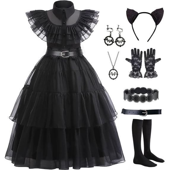 Lstmmwd Black Dress Up Costume for Girls Birthday Party Halloween Cosplay Outfit with Accessories 3-12Y