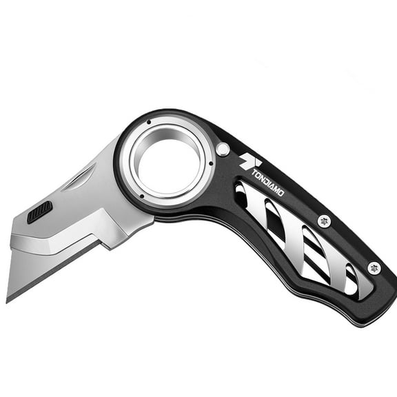 Lsupdaol 1 Pcs Folding Pocket Utility Knife Heavy Duty Box Cutter Folding Razor Knife with Anti Slip Finger Loop Easy Change Blades 3 Lock Positions Design(Black)
