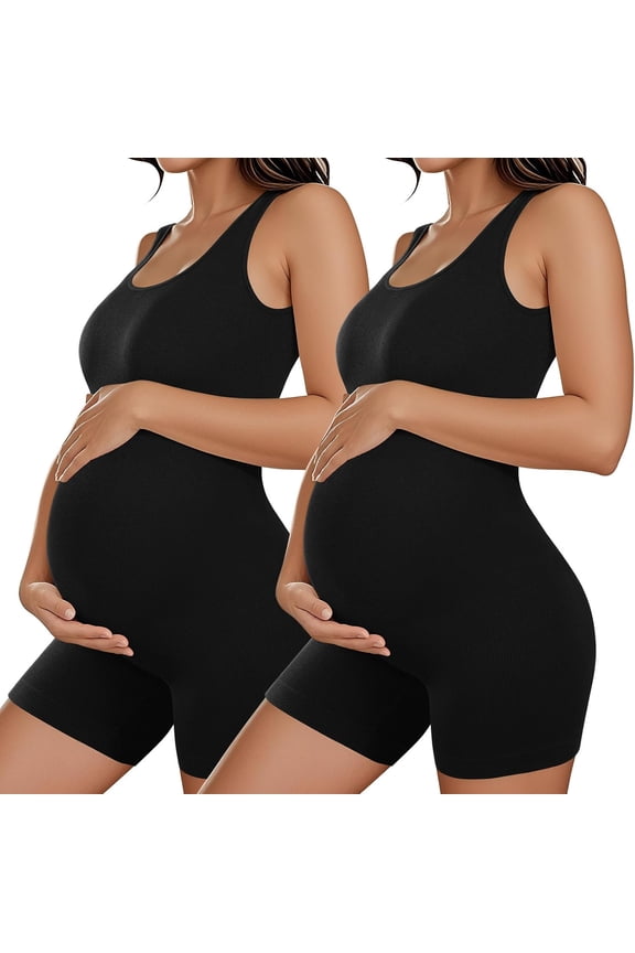 1 Pcs Women Maternity Bodysuit Pregnancy Shapewear Sleeveless Tank Top Shorts Jumpsuit Ribbed Maternity Workout Romper