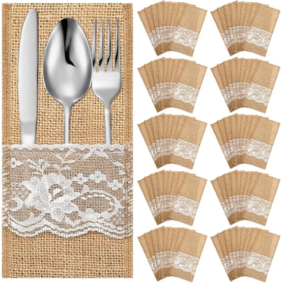 Lsupdaol 10 Pcs 4.1 x 8.9 Inch Wedding Natural Burlap Lace Utensil Holders Pouch Burlap Silverware Cutlery Pouch Tableware Holder Bag for Rustic Wedding Bridal Shower Decorations