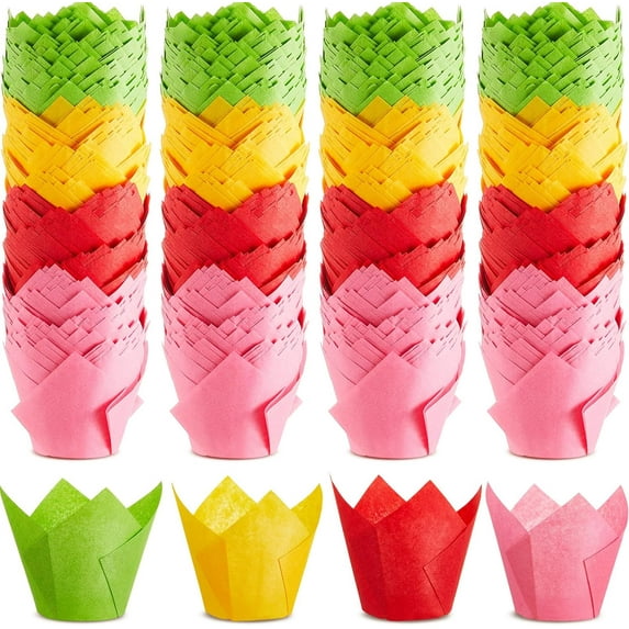 Lsupdaol 100 Pcs Jumbo Muffin Liners for Baking 2-1/4" x 4" Large Tulip Cupcake Liners Greaseproof Cupcake Wrapper Paper for Weddings Birthday Christmas Anniversaries Party (Green,Red,Yellow,Pink)