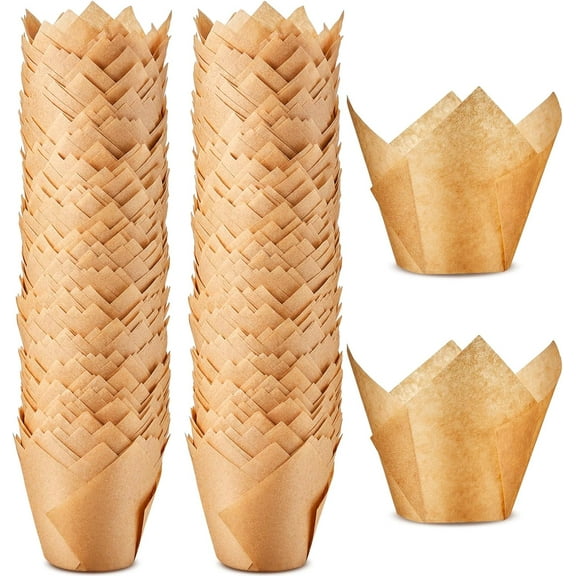 Lsupdaol 100 Pcs Jumbo Muffin Liners for Baking 2-1/4" x 4" Large Tulip Cupcake Liners Greaseproof Cupcake Wrapper Paper for Weddings Birthday Christmas Anniversaries Party (Light Brown)