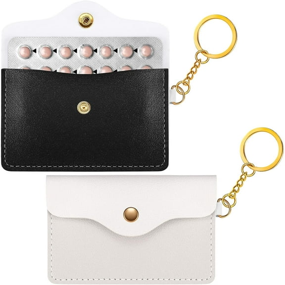 Lsupdaol 2 Pack Birth Control Pill Case Sleeve Packet PU Leather Wallet Pill Holder 4.33 x 3 Inch Birth Control Pouch with Key Ring for Card Organizer(Black, White)